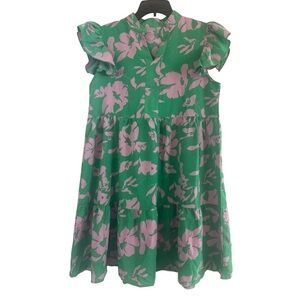 Green Pink Floral Tiered Midi Dress Flutter Sleeve Women’s Medium